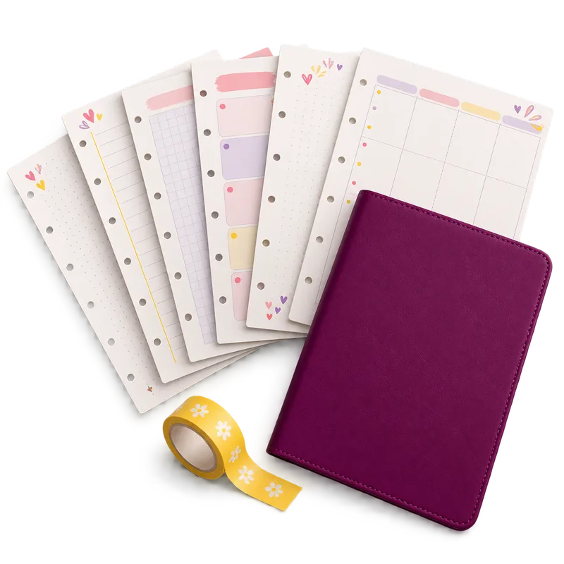Folhas de miolo de planner e capa para encadernação