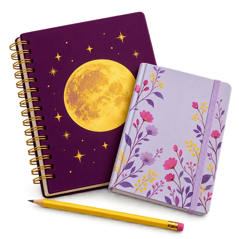 Cadernos personalizados com capa de lua e capa de flores