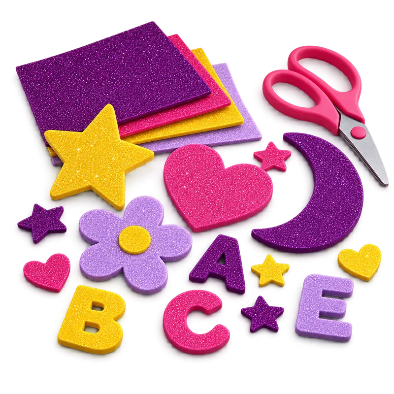 Recortes em EVA com glitter: estrela, coração, flor, lua e letras